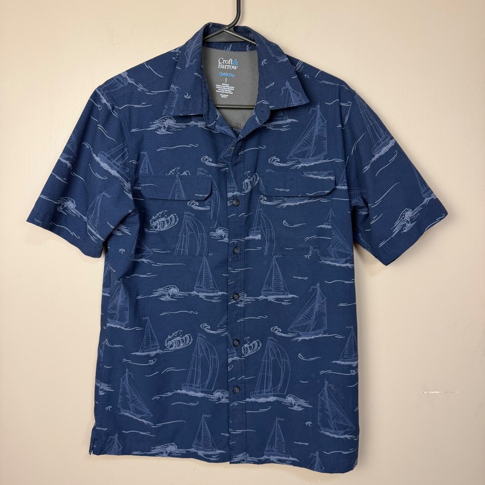 Croft & Barrow Mens Small Navy Blue Sailboat Print Quick Dry Fishing Shirt